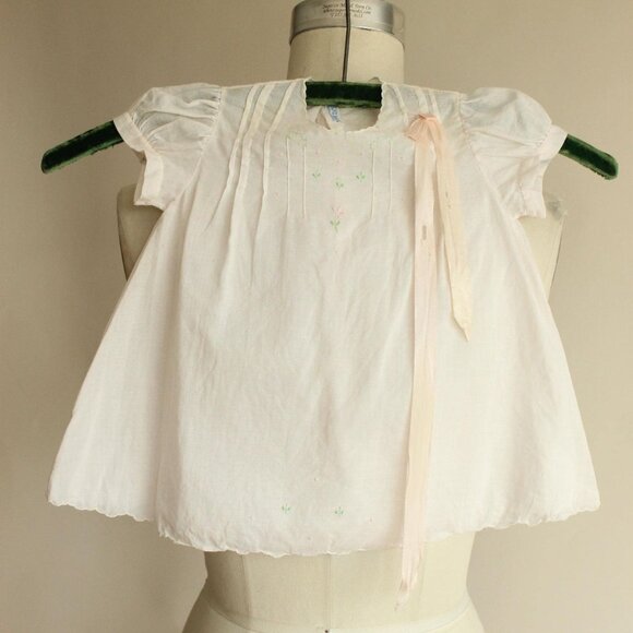 Vintage 1950s 1960s Baby Dress, Handmade Embroidered Pink Linen Little Girls - Picture 1 of 10